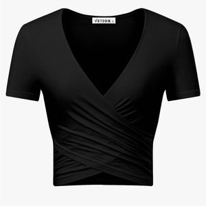 Short sleeved, v neck crop top.